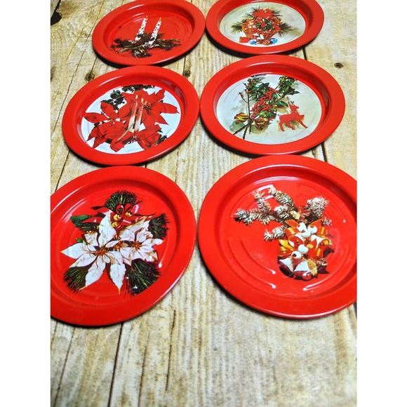 Vtg Christmas Metal Coaster Set of 6 Raindeer Holly Pionsettia (cb5) - Picture 4 of 6